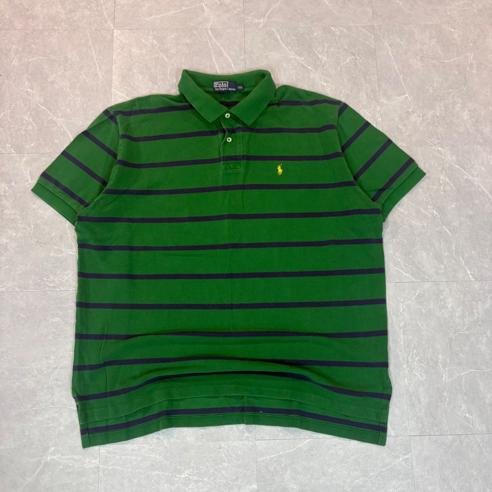 Polo Ralph Lauren Mens XXL Green Navy Blue Striped Short Sleeve Polo Shirt Pony - Picture 2 of 7
